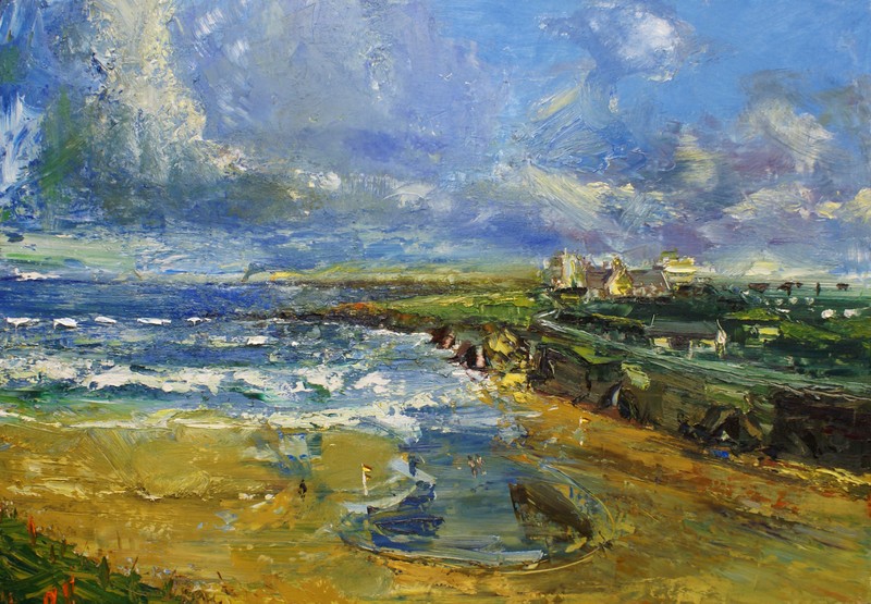 Two swimmers at Treyarnon bay      oil on board    92x122cms    2011.jpg